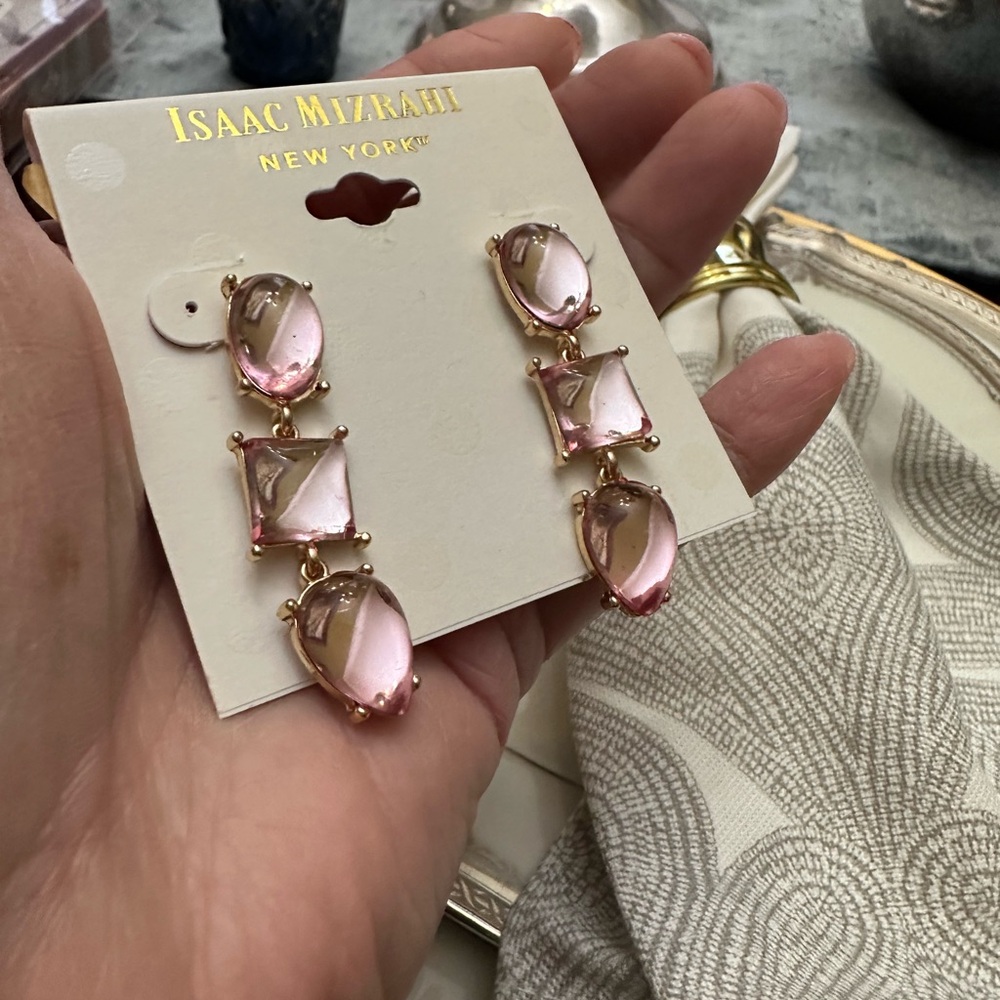 Isaac Mizrahi New York Linear Drop Gold Tone Pink Faceted Stones‎ Earrings NWT - Picture 4 of 9